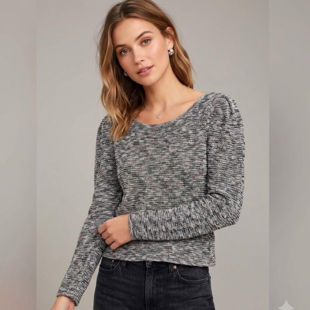 Madewell Multicolored Knit Top Sweater Womens S Gray Puff Shoulder A1025 Cotton